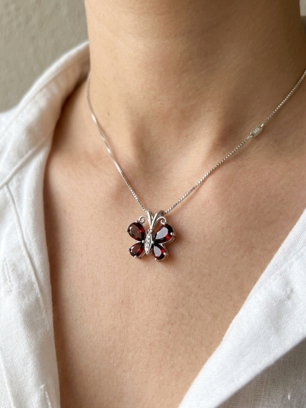 Sterling Silver Butterfly Necklace with Garnet Accents - Red